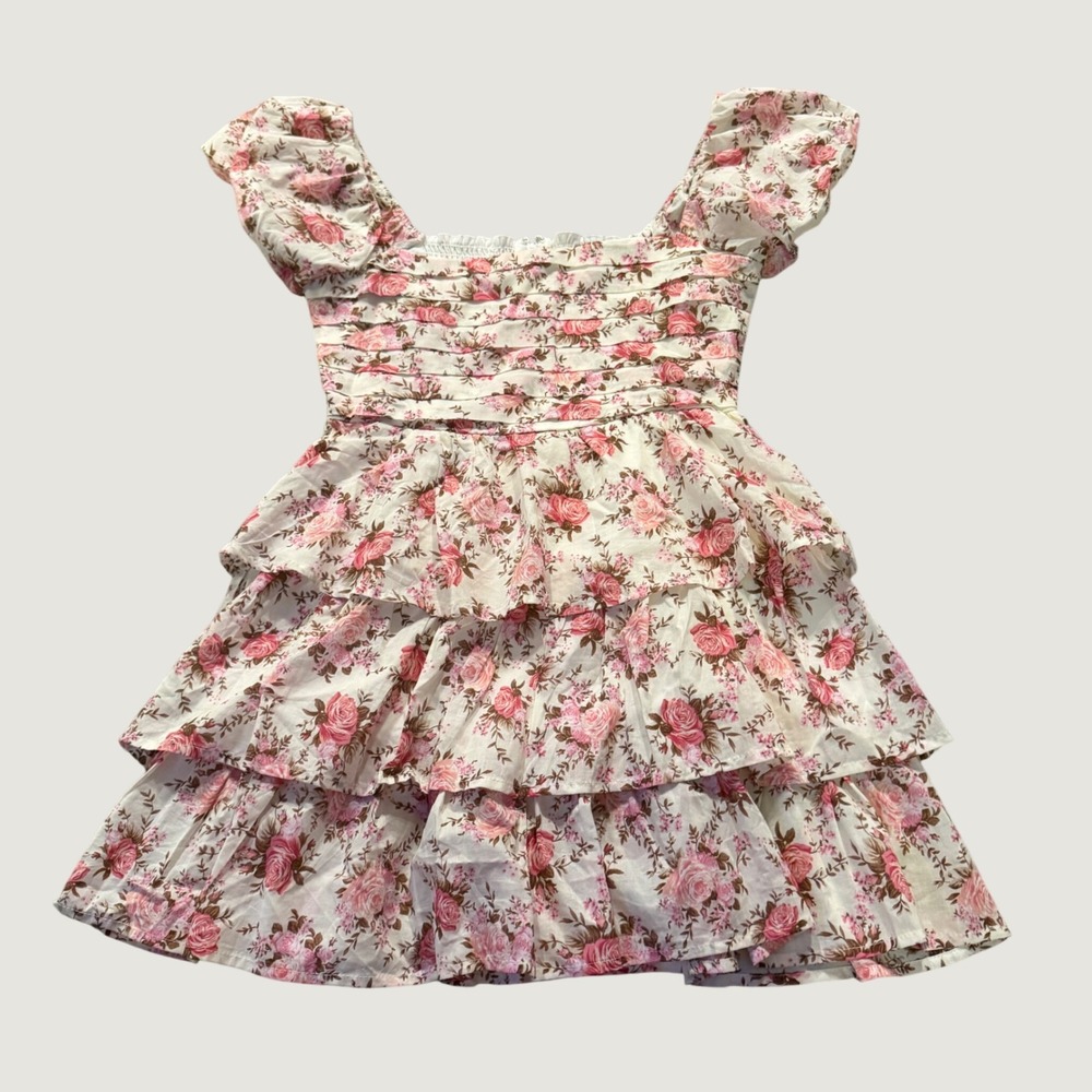 Altar'd State Mini Dress XS Floral Tiered Ruffle Puff Sleeve Pink Cottagecore